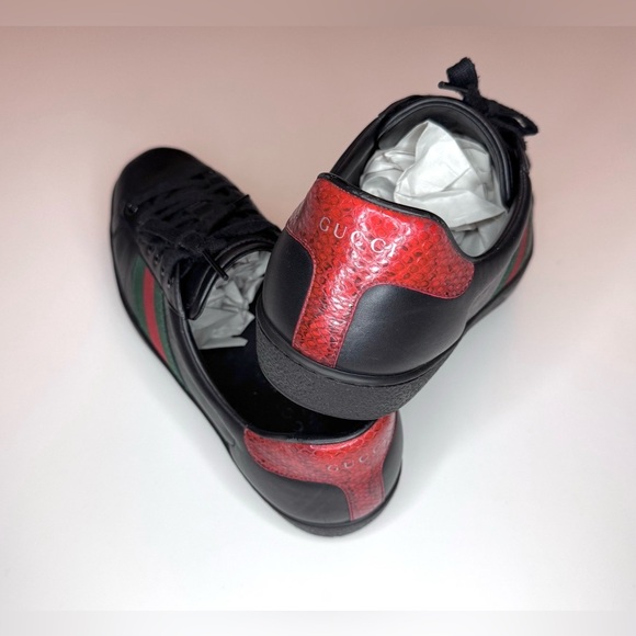 Gucci Men’s Ace Black Leather Python Embossed  Lace Up Sneakers Size- 9.5 - Picture 11 of 12